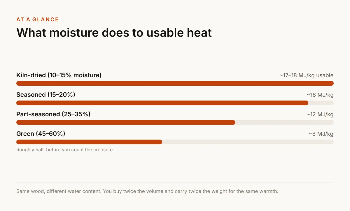 What moisture does to usable heat. ~17–18 MJ/kg usable — Kiln-dried (10–15% moisture); ~16 MJ/kg — Seasoned (15–20%); ~12 MJ/kg — Part-seasoned (25–35%); ~8 MJ/kg — Green (45–60%) — Roughly half, before you count the creosote.