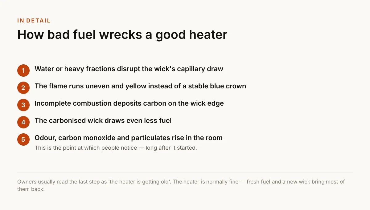 How bad fuel wrecks a good heater. Water or heavy fractions disrupt the wick's capillary draw; The flame runs uneven and yellow instead of a stable blue crown; Incomplete combustion deposits carbon on the wick edge; The carbonised wick draws even less fuel; Odour, carbon monoxide and particulates rise in the room — This is the point at which people notice — long after it started..