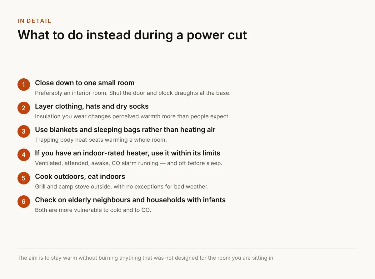 What to do instead during a power cut. Close down to one small room — Preferably an interior room. Shut the door and block draughts at the base.; Layer clothing, hats and dry socks — Insulation you wear changes perceived warmth more than people expect.; Use blankets and sleeping bags rather than heating air — Trapping body heat beats warming a whole room.; If you have an indoor-rated heater, use it within its limits — Ventilated, attended, awake, CO alarm running — and off before sleep.; Cook outdoors, eat indoors — Grill and camp stove outside, with no exceptions for bad weather.; Check on elderly neighbours and households with infants — Both are more vulnerable to cold and to CO..