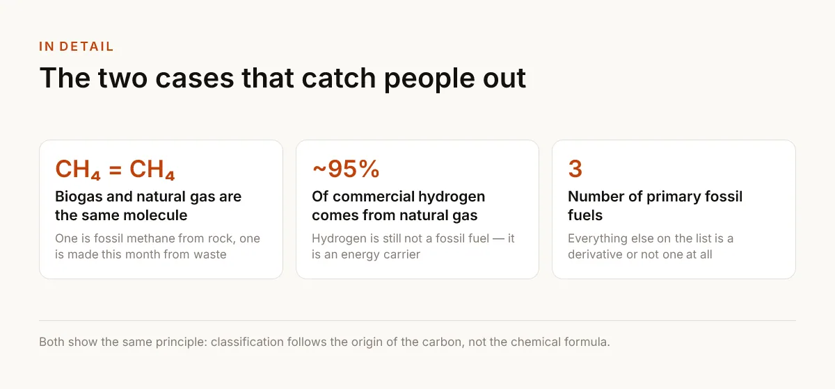 The two cases that catch people out. CH₄ = CH₄ — Biogas and natural gas are the same molecule — One is fossil methane from rock, one is made this month from waste; ~95% — Of commercial hydrogen comes from natural gas — Hydrogen is still not a fossil fuel — it is an energy carrier; 3 — Number of primary fossil fuels — Everything else on the list is a derivative or not one at all.